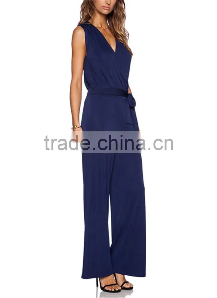 2015 latest spring simple sexy blue ladies adult jumpsuit pajama