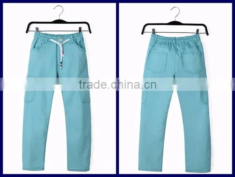 New fashion multi pocket plain blue solid color cheap kids elastic bottom jeans with side zipper