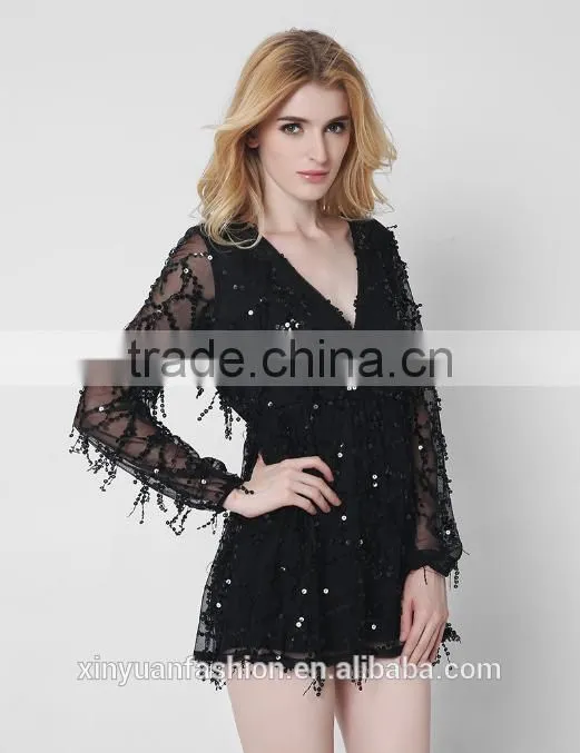 New long sleeves deep V sexy dress net yarn tassel sequins skirt summer