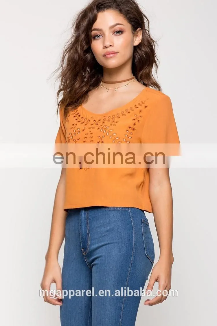 Custom laser cut loose fit woman t-shirt wholesale