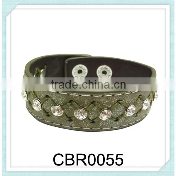 one round one layer hip hop sewing PU leather hand made crystal indian chunky crystal bangle