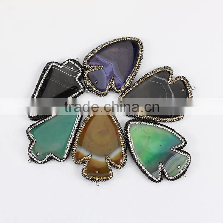 PC1612 Crystal pave agate arrowhead pendants,gemstone pave diamond arrow head pendants