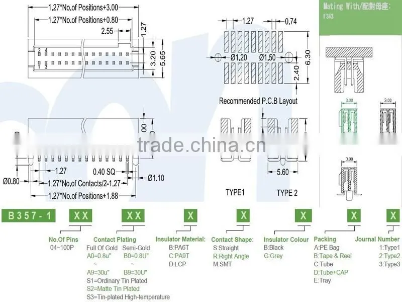 Dongguan supplier 1.27mm pitch vertical SMD two rows with locating pegs box header connector
