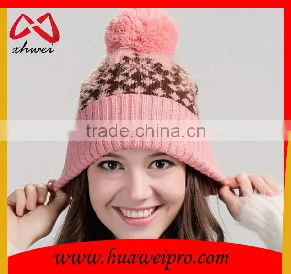 Trendy Animal Fur Ball Hat Fluffy Raccoon Pom Poms Knit Hat jacquard Beanies