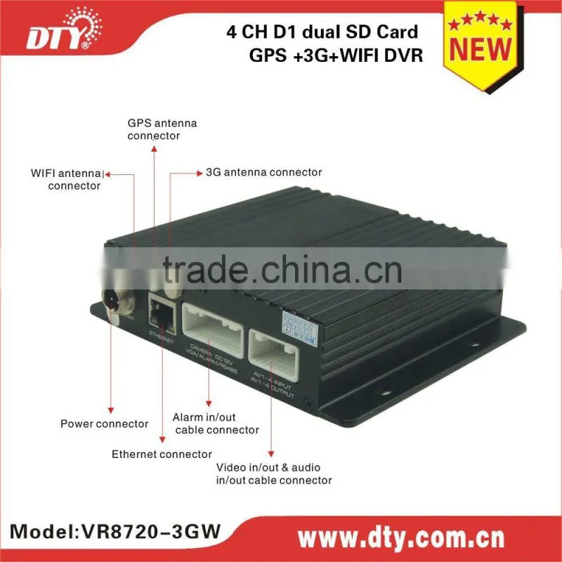 DTY 4ch h.264 sd card DVR support 3g,wifi and gps mobile for vehicles ,VR8720-3GW