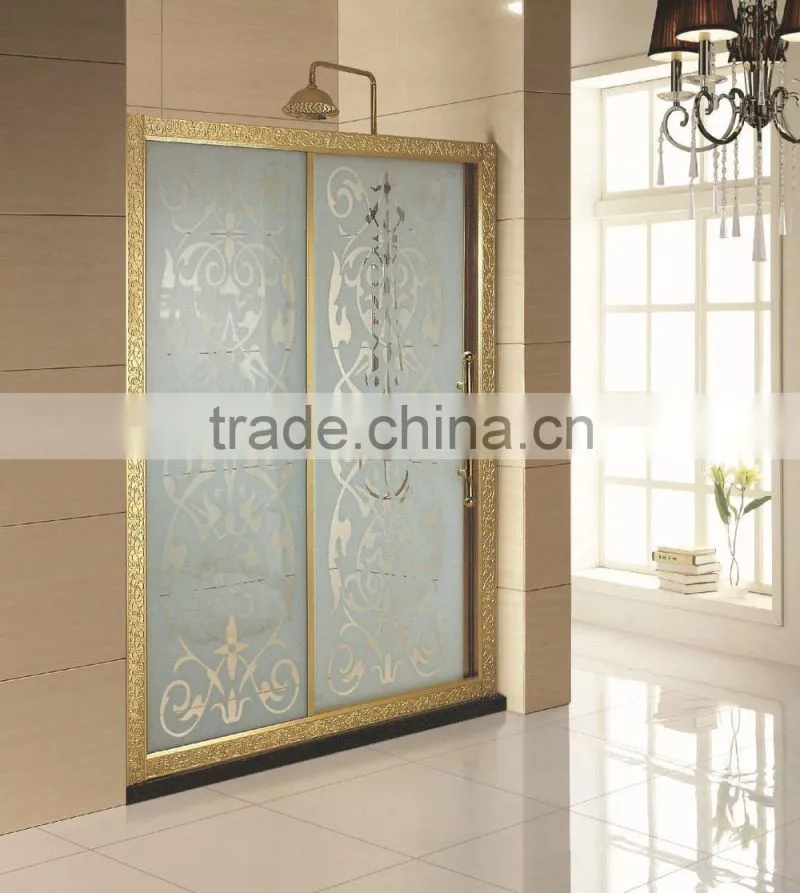 gold color sliding door and tempered glass shower cubicle