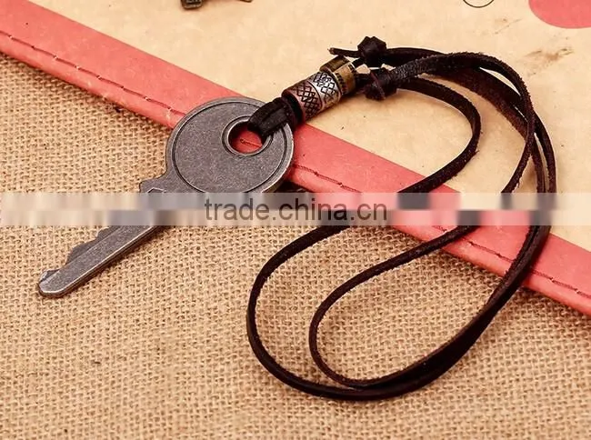 Rock Mens Retro big Alloy key Pendant Leather Necklace jewelry key Leather Necklace