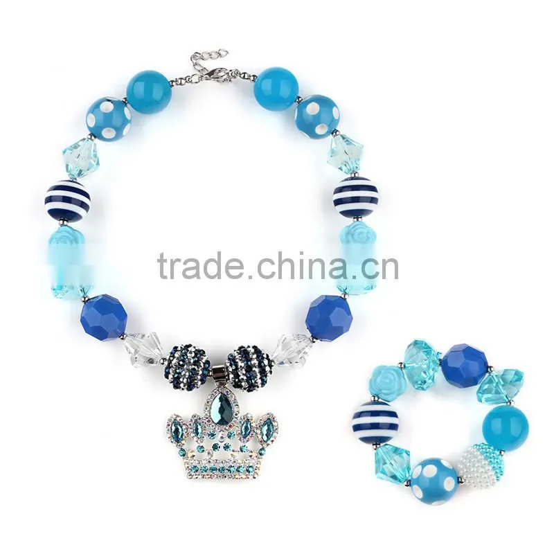 new style blue crystal imperial crown baby girls necklace blue set beads designs baby girls baby necklace