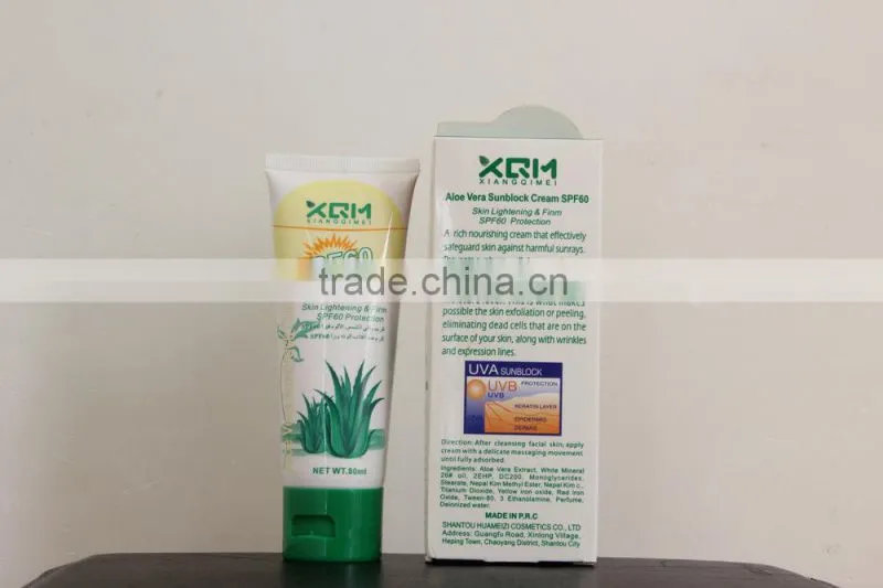 New Arrival XQM SPF60 PA+++ Natural organic Aloe sunscreen brands whitening cream with sunscreen protection