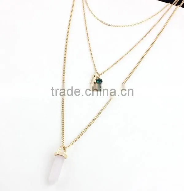 Hot Sale European And American Design Rose Gold Plated Necklace Ornaments Multilayer Emerald Crystal Color Stone Bead Neckladces