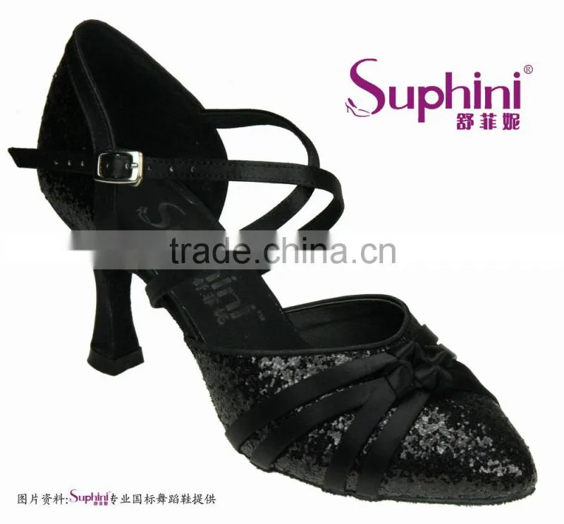 Suphini Glitter Black High Heels Women Ballroom Shoes Dance