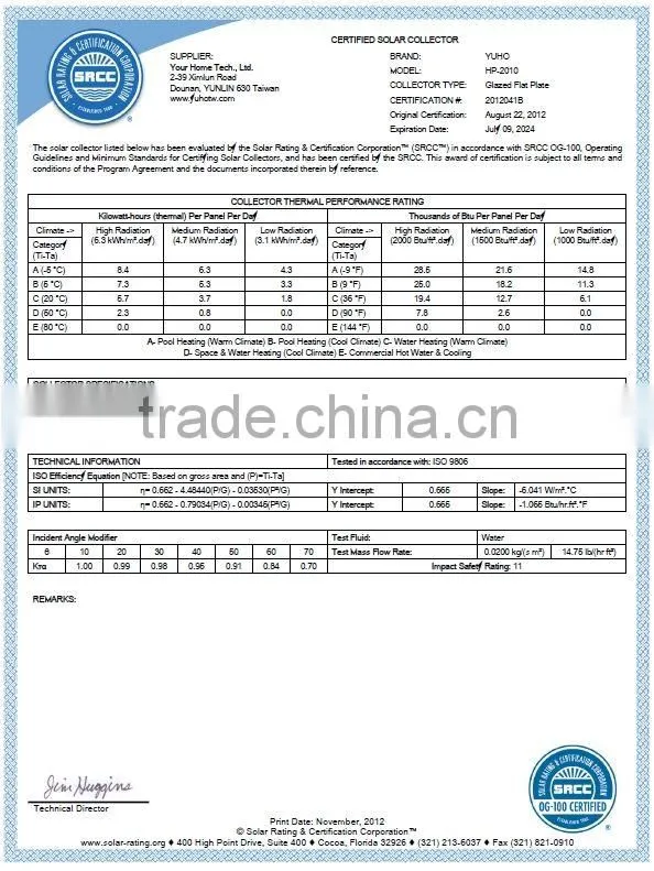 YUHO parts flat plate solar water collector