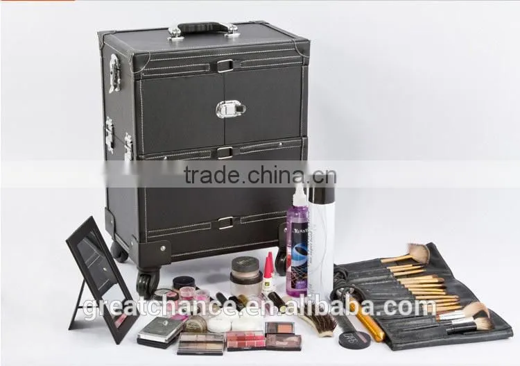 Black Leather Like Professional Aluminum Rolling Cosmetic Case Makeup Trolley