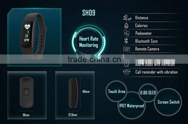 Bluetooth 4.0 Smart band Bracelet IP67 Heart Rate Monitor Sport Fitness Tracker SH09 for Android iOS smartphone