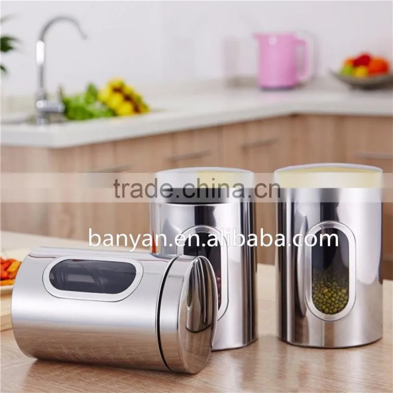 3pcs Round Stainless Steel Tea Coffee Sugar Canisters with Transparent Window
