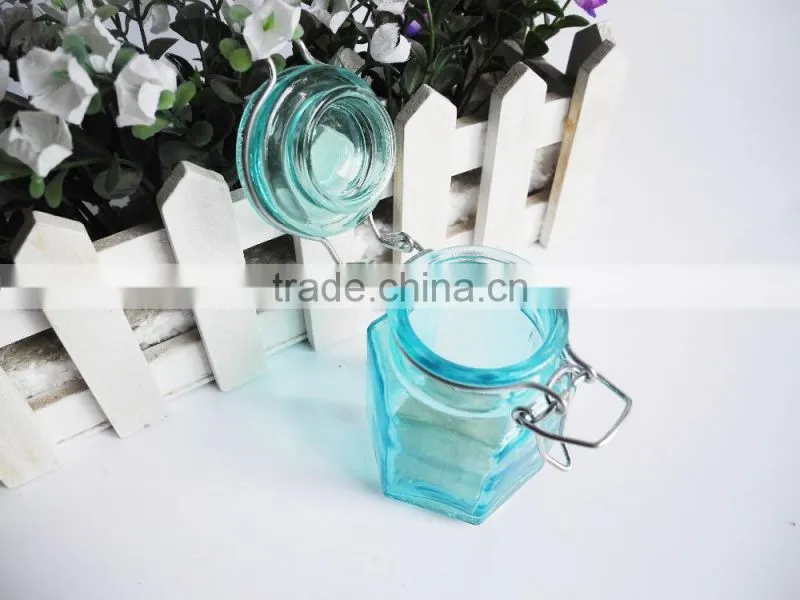 kitchen utensils mini hexagon glass cruet bottle with metal latch top lid