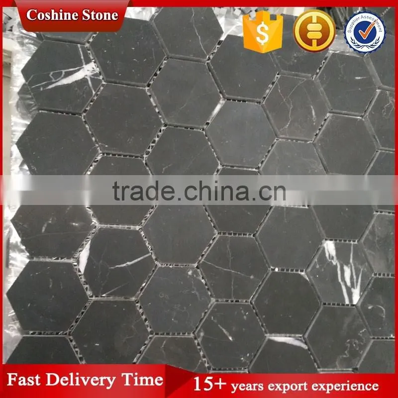Honed surface hexagon shaped black nero marquina marble mosaic art floor tile