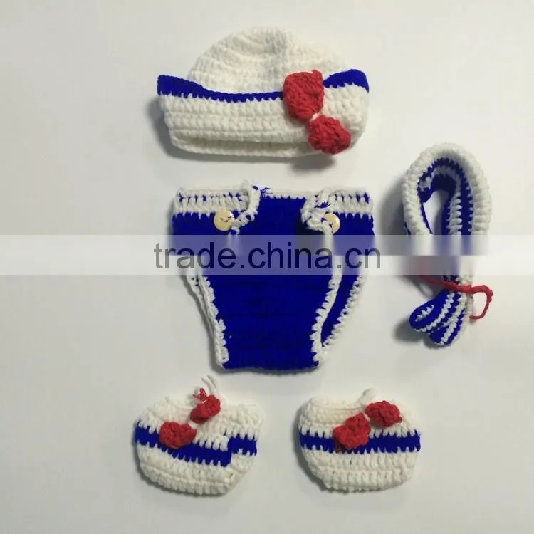4pcs set photo props hat+shoes+diaper+tie fashion blue crochet cowboy custome photography