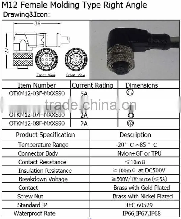 M12 Female molding type right angle Waterproof Connector