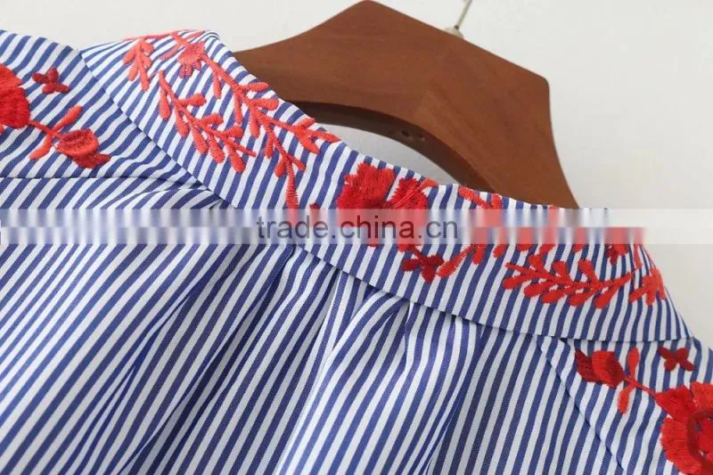 High quality Womens 100% Cotton Long sleeve Embroidery Strip Shirt