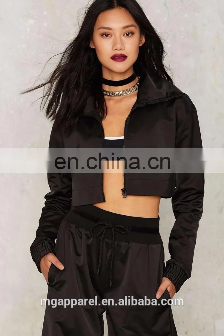 Wholesale woman coats and jackets, women high neck black track jacket