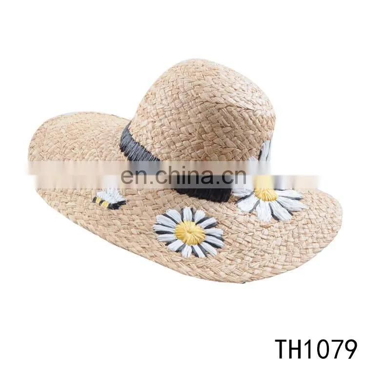 Wholesale beautiful women fashion bulk raffia straw hat with sunflower headwrap