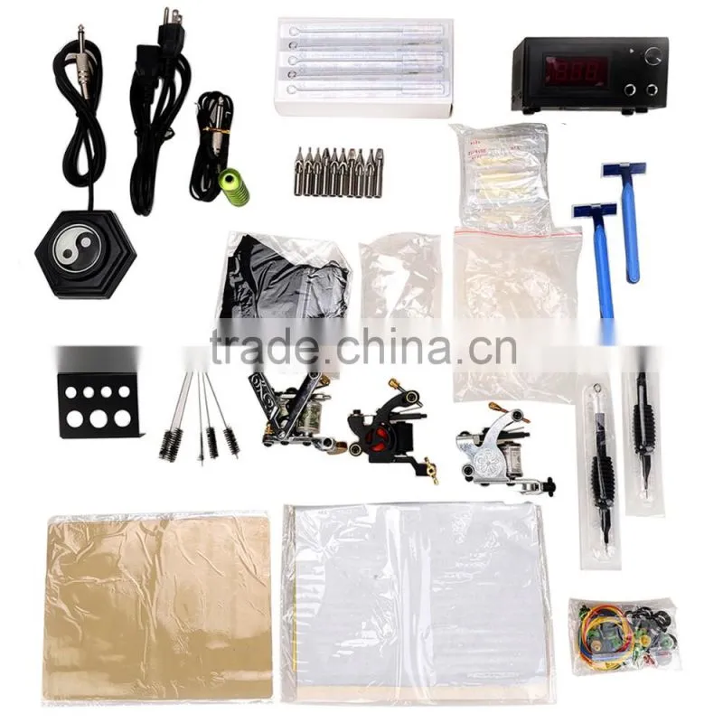 China Factory Price Professional Tattoo Kit 2 x Casting Tattoo Machine + Power Supply + Pedal + Needle + Accessories Bag etc