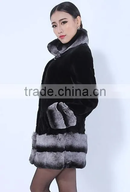 rex14060 short black rex rabbit fur coat chinchilla color trim