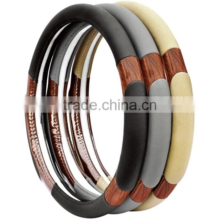 Custom Accessories Black Steering Wheel Cover with Woodgrain Design and Chrome Trim