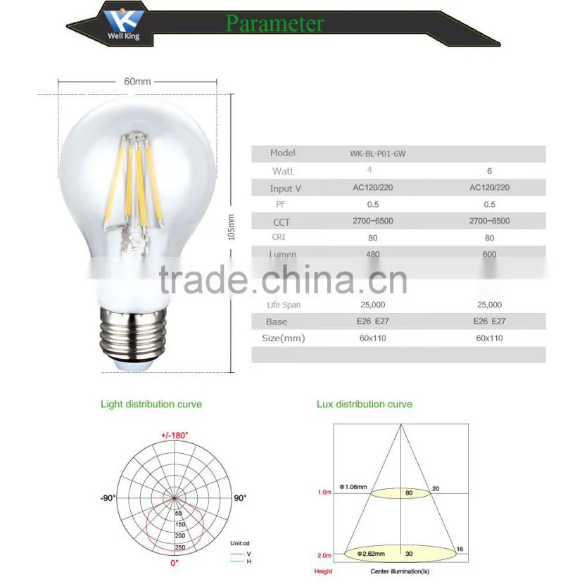 Alibaba Hot Sale 6W UL Filament Led Bulb with E27/E26 Based