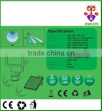 Outdoor Solar Power 0.075W Led Motion PIR Sensor Light
