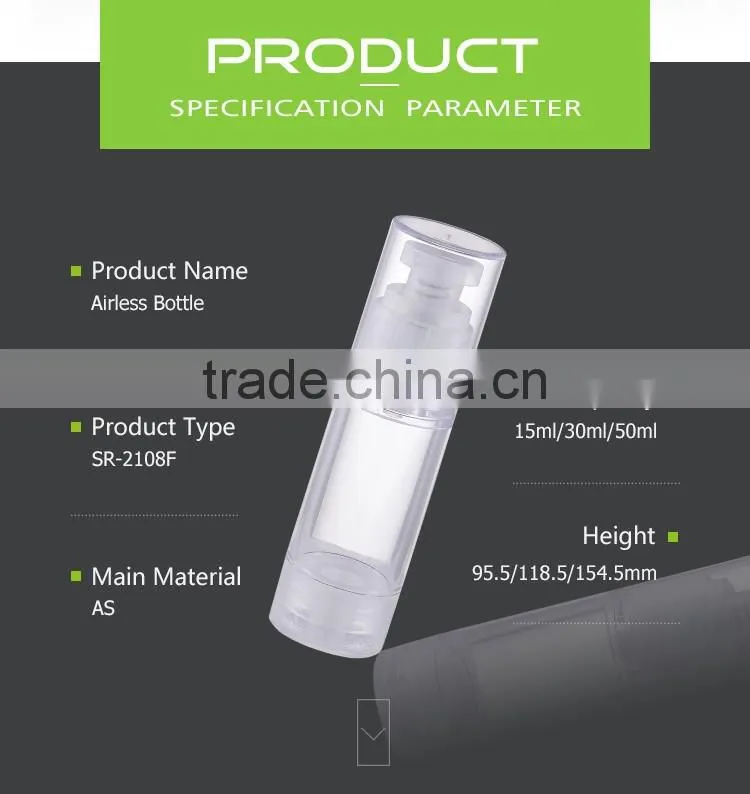 Professional spring outside empty silver cosmetic plastic airless bottle 50ml