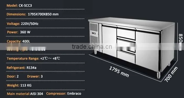 304 Stainless Steel Low Power Consumption Refrigerator/Refrigerated Counter/Freezer Refrigerator Hotel Kitchen