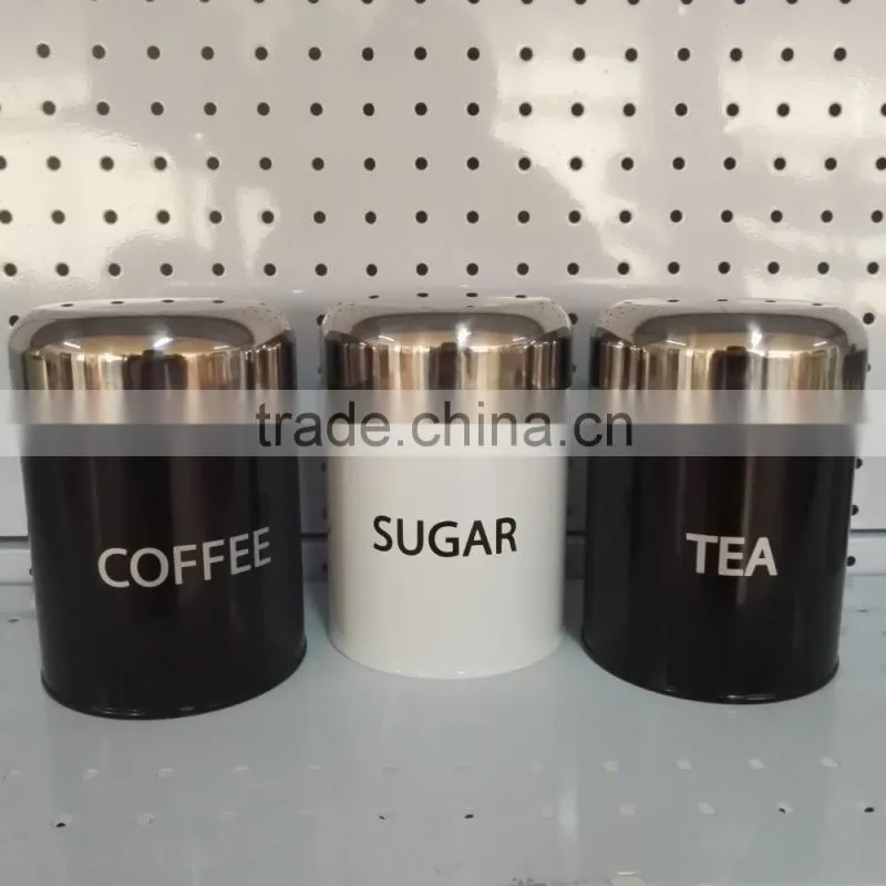 3PC Canister Set Stainless Steel Coffee Tea Sugar Jar Lid Kitchen Storage Black Can