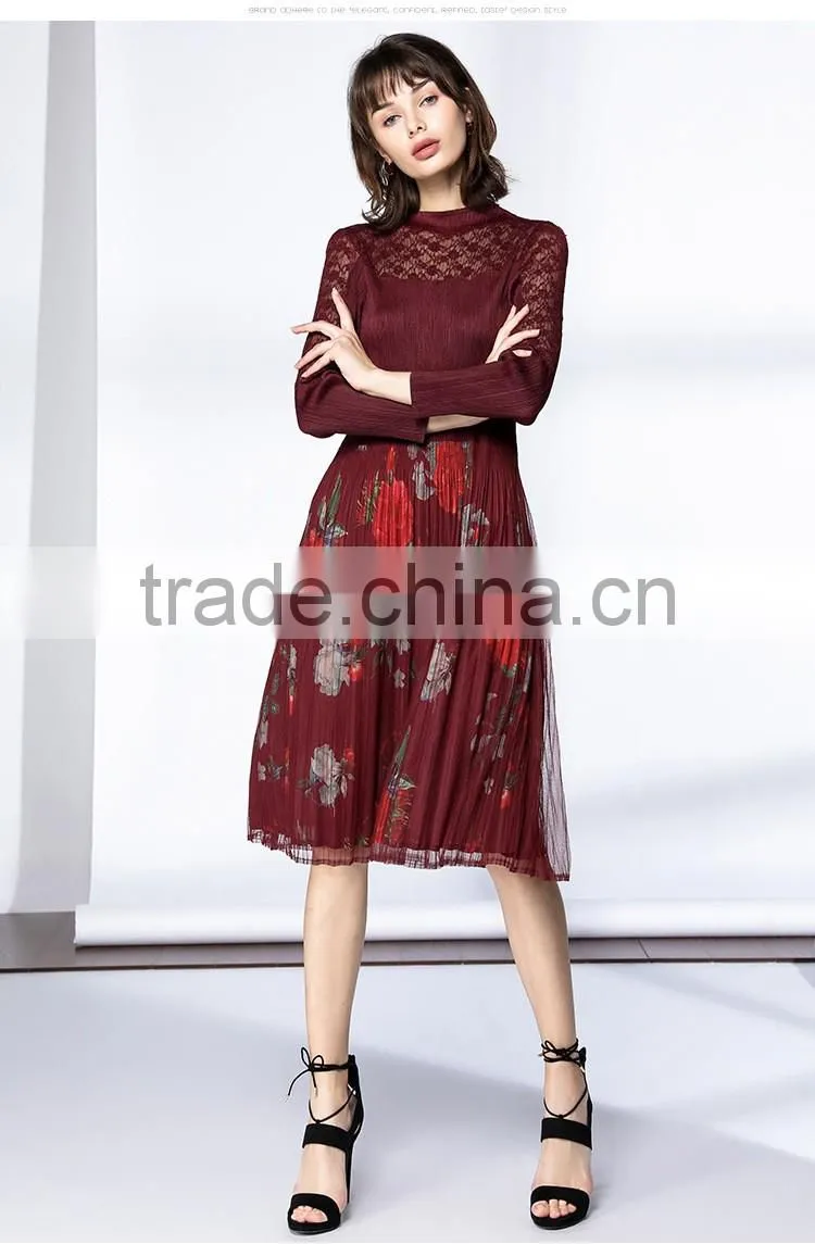Pleat large sized spring lace splicing printed dress for women