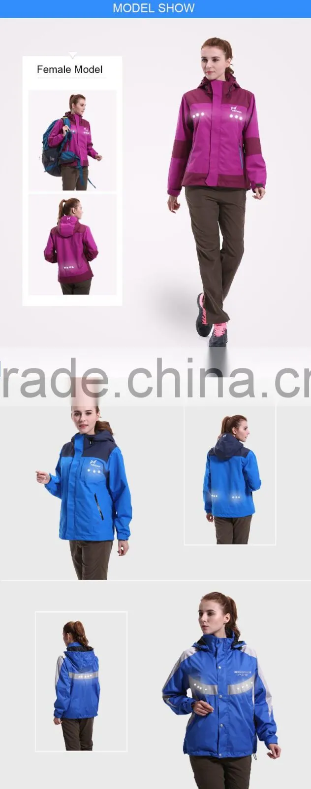 Hooded blue purple nylon USB charging rain jacket custom windbreaker