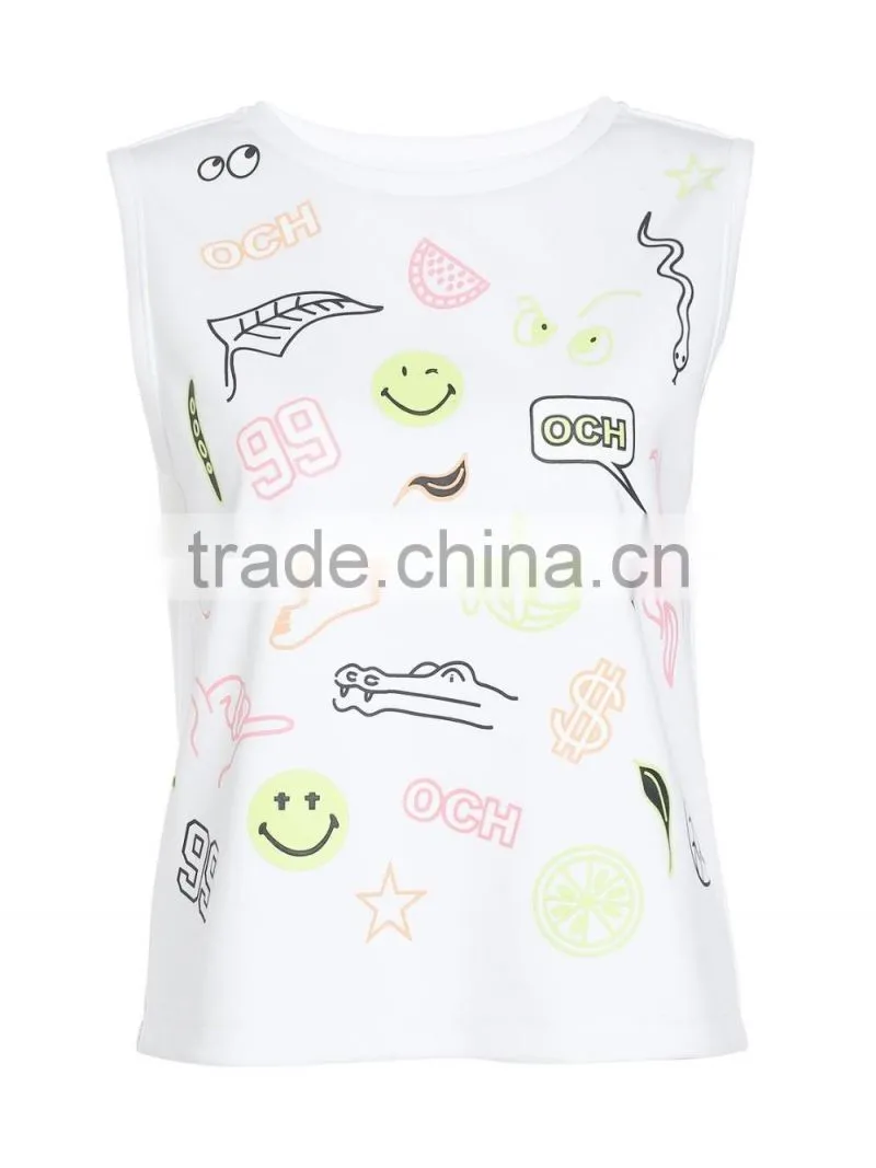 Women's Cartoon Screen Printing Cute Sleeveless O-neck 100% Cotton Loose Tank Tops