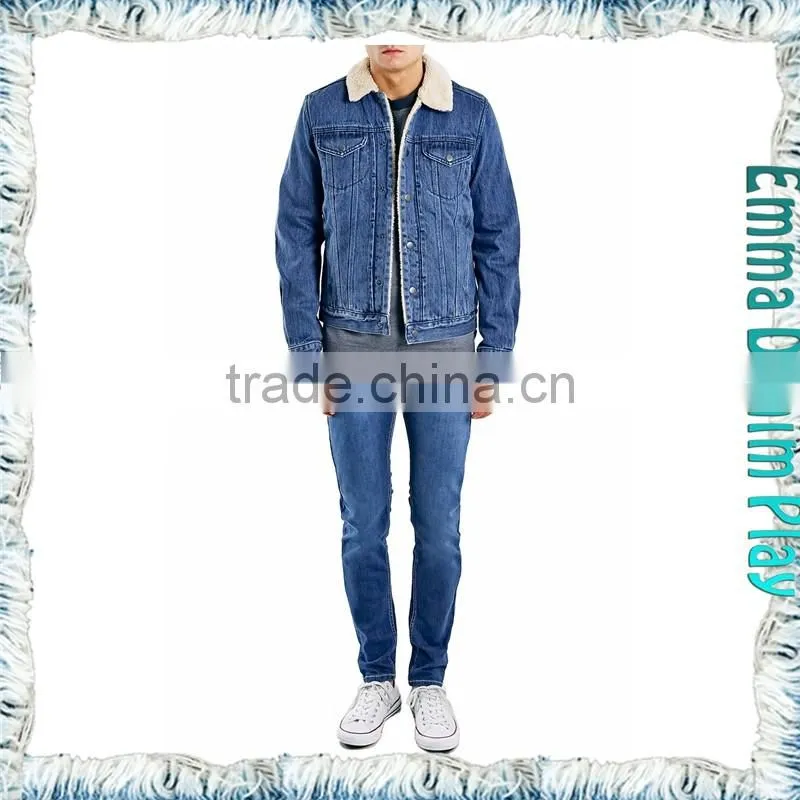 Cool Design Vintage Mens Fur Collar Short Fleece Lining Blue Denim Jackets
