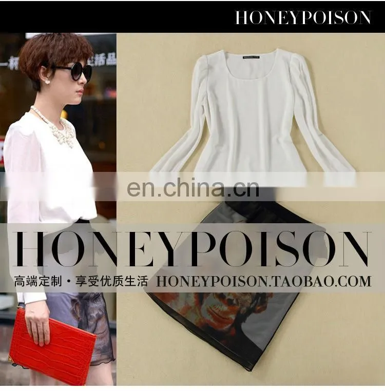 2014 Latest style long sleeve chiffon printed women dress