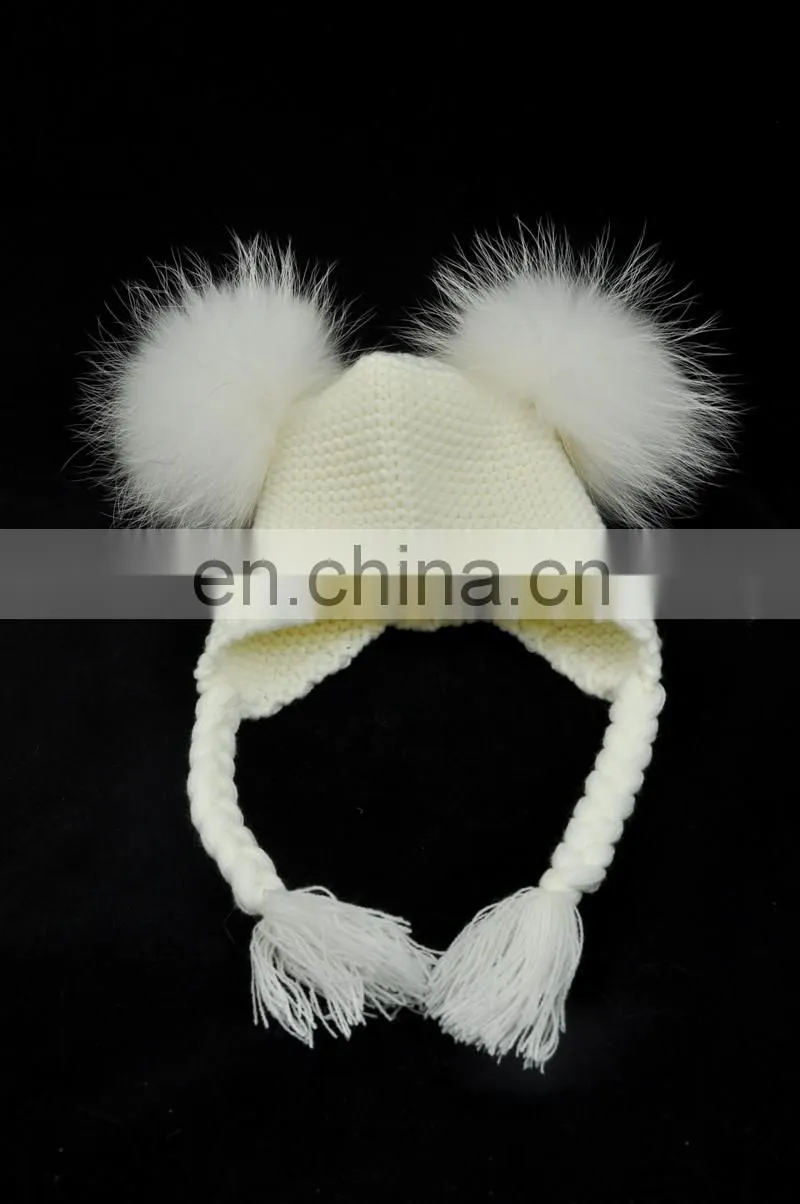 High Quality Fashionable Kids Beanie Hats With Two Fur Pom Poms Baby Fur Hat