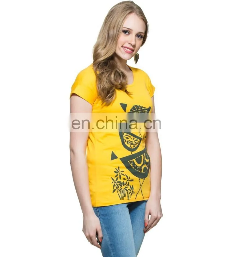 2015 New arrival wholesale garments customize made women top yellow elegant print fashionable hot t-shirt for girls