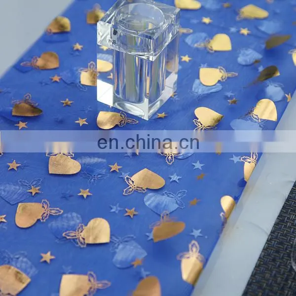2015 Most Popular Home Textile Bronzing Gold Heart Pattern On Organza Nnavy Blue Table Runner