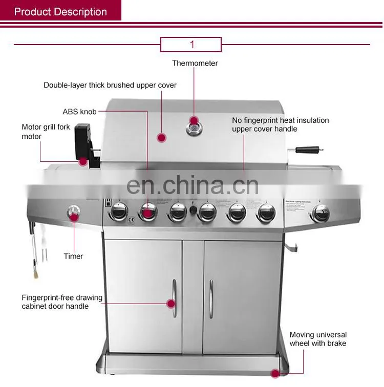 Household Commercial Outdoor Family Day Use 6 Burner+1 Side Burner Gas Grill with Cabinets Wheels Stainless Steel Gas BBQ Grill