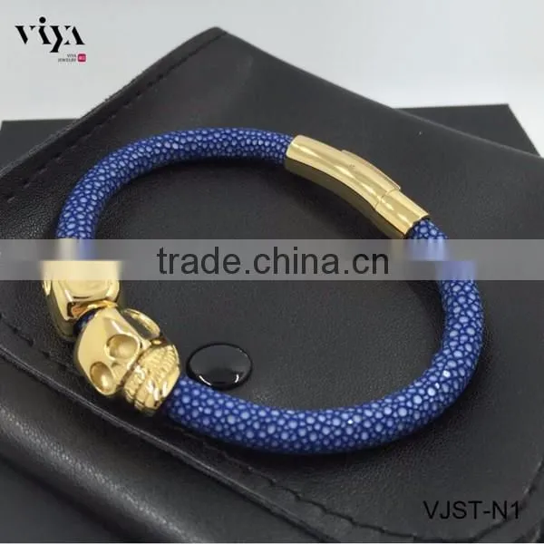 2016 New Arrival Twins Skull Blue Leather Bracelet With 18k Gold For Mens Watches Genuine Stingray Leather Skin