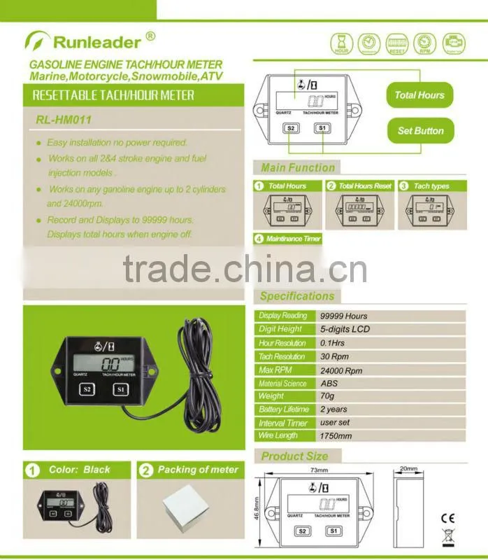 Maintenance meter,tach/hour meter ,any gasoline engine,can set 2 or 4 stroke