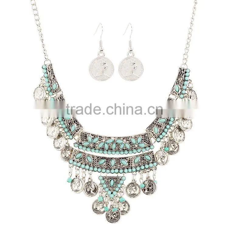 2016 Gypsy Bohemian Jewelry Set Vintage Turquoise Beauty Head Silver Coin Jewelry Set