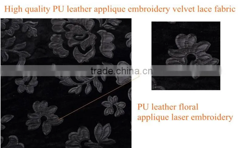 High quality black PU leather applique embroidery african velvet lace fabric for lady garment