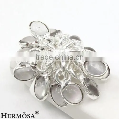 New 925 Sterling Silver Fashion Oval Shape Cluster Gems White Agate Ring