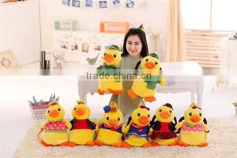 30cm lovely customized yellow stuffed plush strawberry duck doll animal backpack with strawberry-printed T-shirt