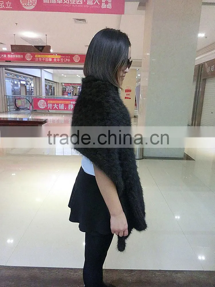Luxury Knitted Mink Fur Cape / Wholesale Black Mink Fur Shawl